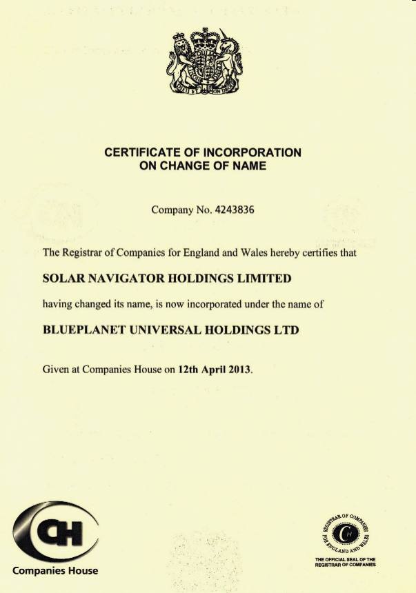 Certificate of Incorporation on Change of Name