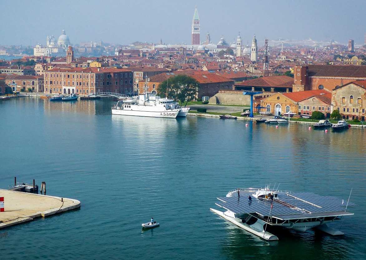 Turanor PlanetSolar coming in to port in Venice, Itay