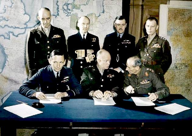 Air Chief Marshal Arthur Tedder; General Dwight D. Eisenhower; General Bernard Montgomery; Lieutenant General Omar Bradley; Admiral Bertram Ramsay; Air Chief Marshal Trafford Leigh-Mallory; Lieutenant General Walter Bedell Smith