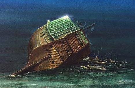 Shipwreck on the sea bed, painting