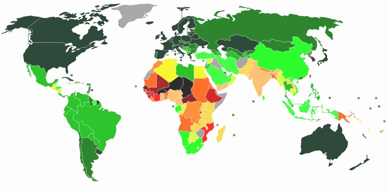 World map showing regions of educational intensity