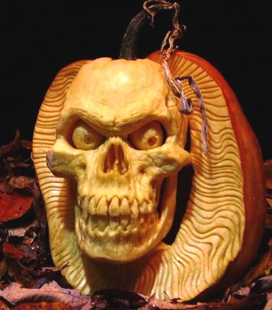 Human Skull, Halloween pumpkin carving by Ray Villafane