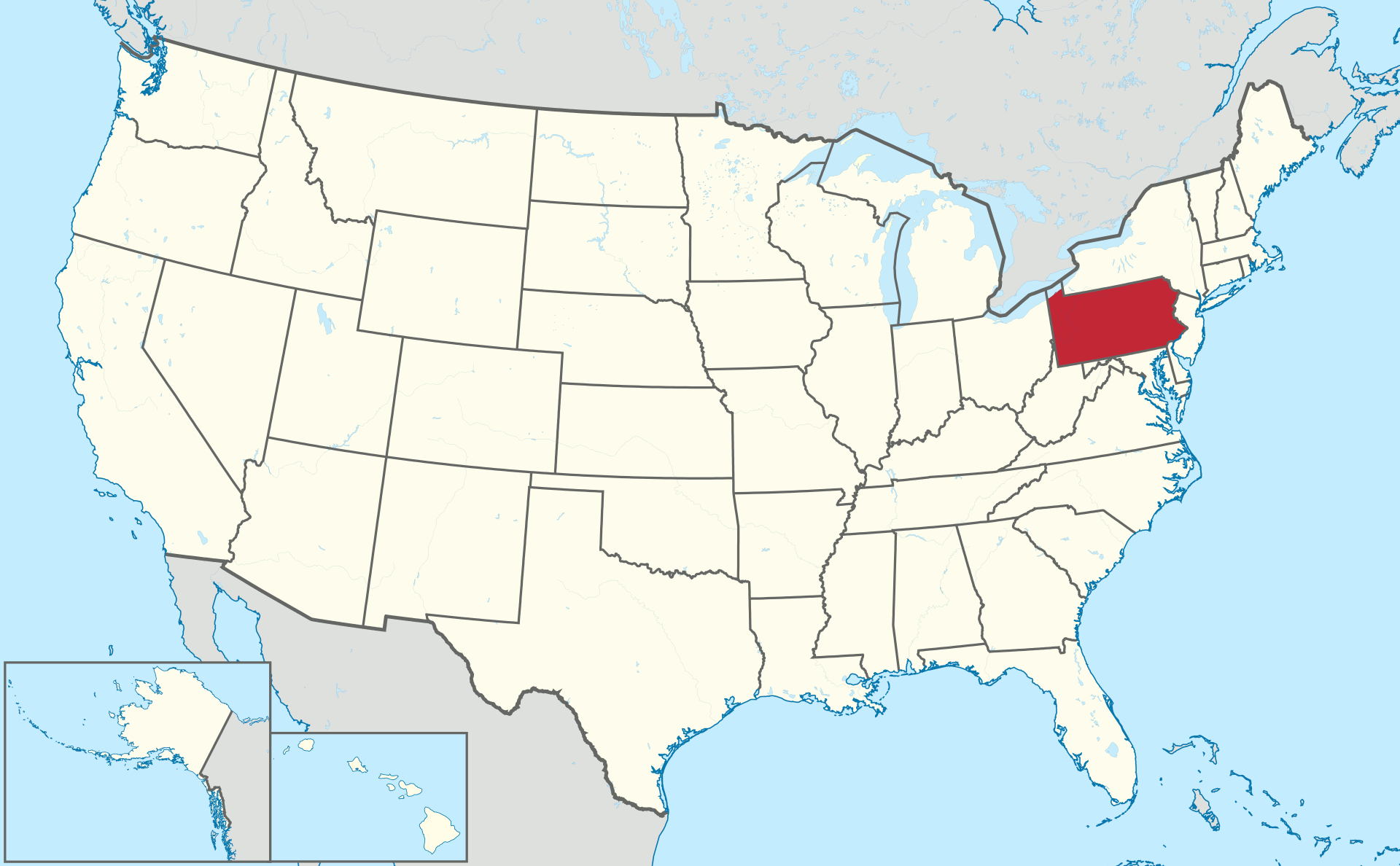 Map of the USA showing the State of Pennsylvania in red