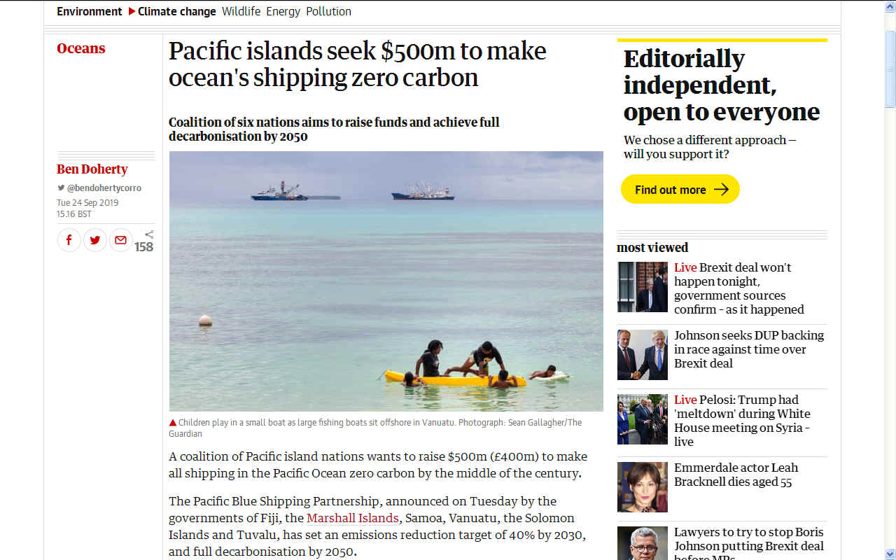 Pacific Islands seek $500 million dollars to ocean shipping zero carbon