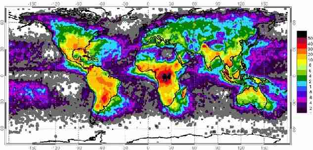 World map showing frequency of lightning strikes, in flashes per km² per year.