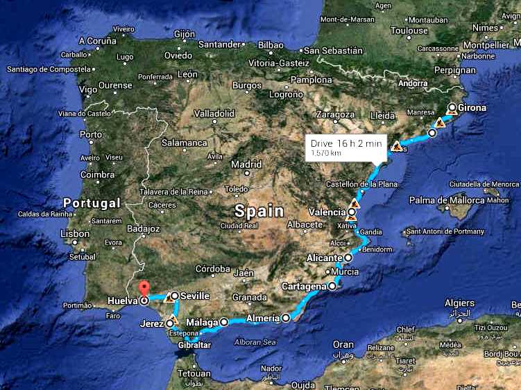Map of Spain showing the coastal Cannonball Run route