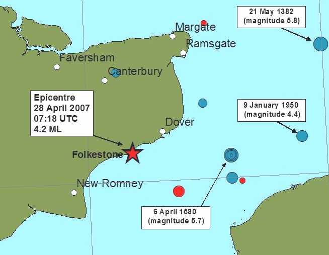 Map showing earthquake Folkestone, Kent, 2007