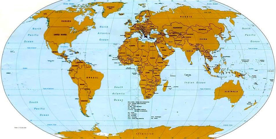 Map of the World showing the Oceans and Seas