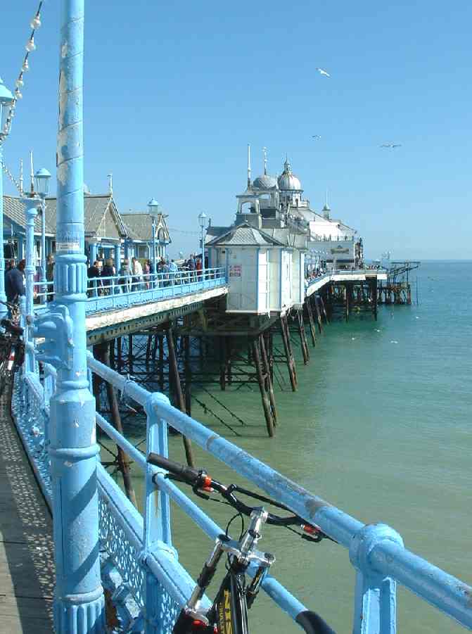 Eastbourne pier railings freshly painted blue