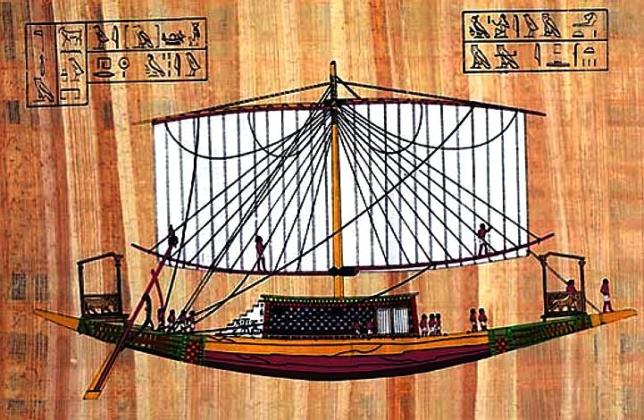 Egyptian royal barge, sails and oars for propulsion