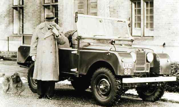Sir Winston Churchill with Airedale Terrier and his Land Rover