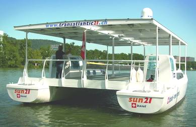 Transatlantic 21 solar powered catamaran transom