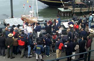 Kenichi Horie arrives at Hyde Street Pier after 67-day voyage.