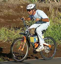 Randy Draper on his electrically assisted mountain bike climbing Haleakala volcano, Maui