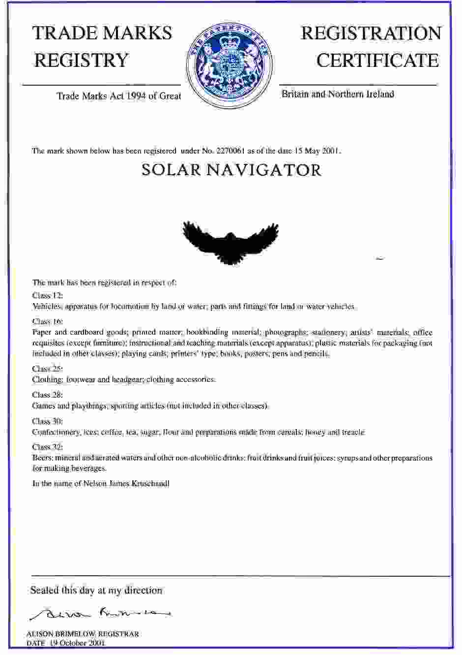 Solar Navigator UK trade mark certificate cola spice