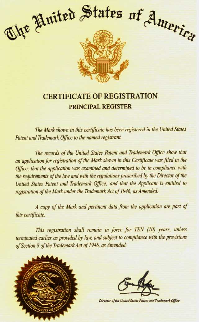 Trademark certificate United States of America