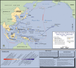 Overview map of World War II in Asia and the Pacific: Allies (green), Japanese conquests (yellow).