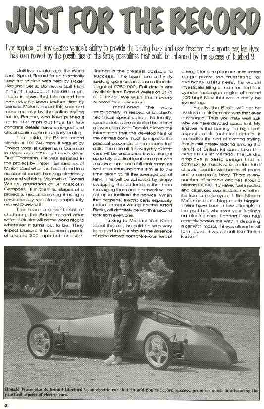 Kit Cars International article Bluebird electric LSR car 1995