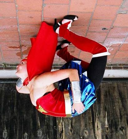 Wonder Woman stuck to ceiling - Katherine Hudson modeling her latest outfit