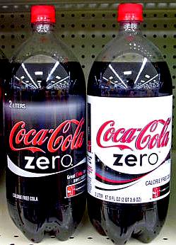 U.S. Coke Zero bottle with black background, next to older white one March 2007
