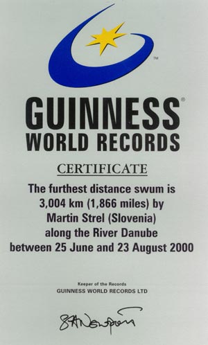 Guinness World Record certificate for swimming the River Danube