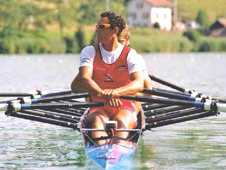 Rowing boat and oarsmen training at Lake Lucerne