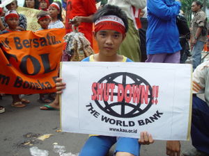 A young World Bank protester takes to the street in Jakarta, Indonesia.