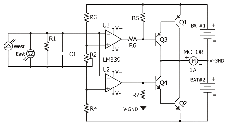 Circuit diagram for the LM339 quad comparator based sun tracker 